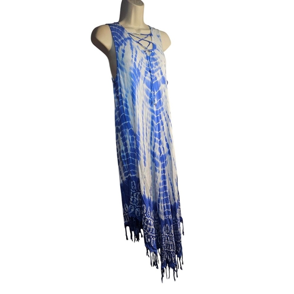 Ingear resort blue tie dye fringe cover up dress tie front